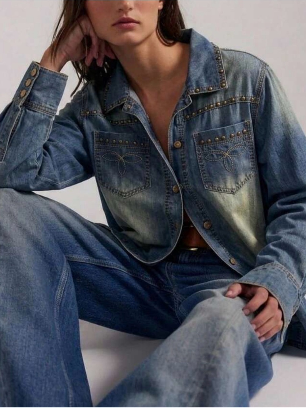 Studded Western Denim Shirt - Blue - Picture 2 of 3